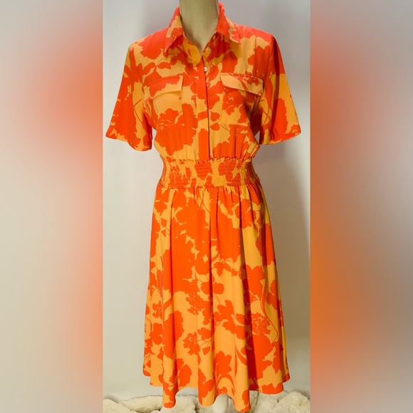 NWOT-Halogen X Atlantic Pacific ‘Coral Cathy Floral’ Smocked Utility Dress-Small - Picture 1 of 15